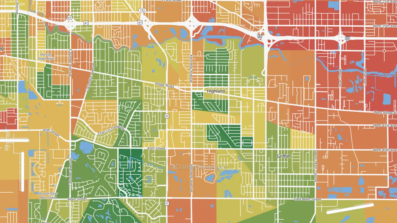 Highland, IN Map of Burglary Rates