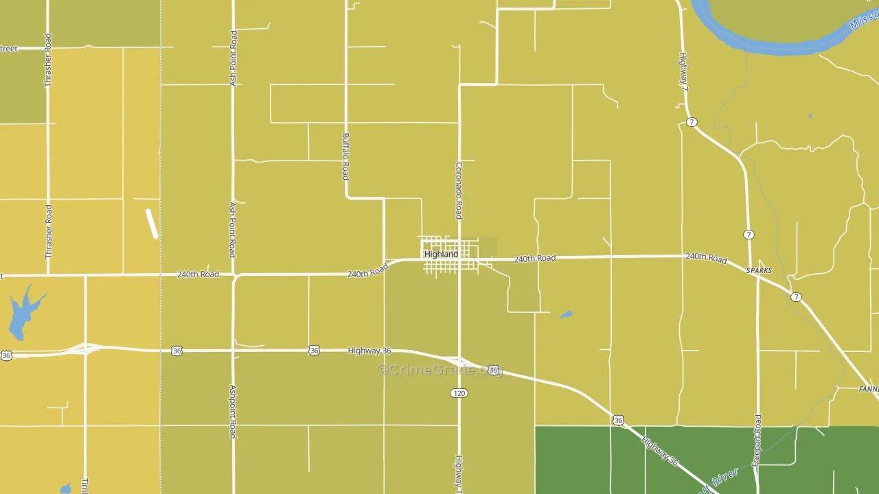 Highland, KS Map of Burglary Rates