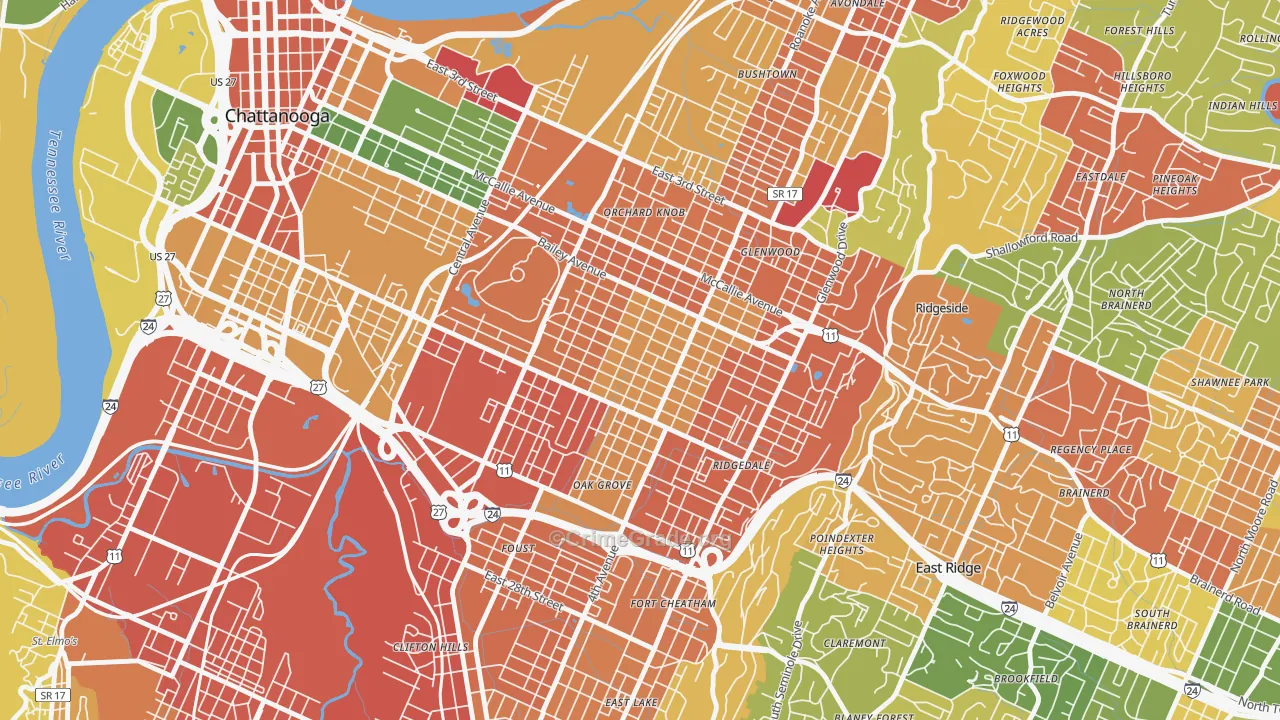 Highland Park, Chattanooga, TN Map of Burglary Rates