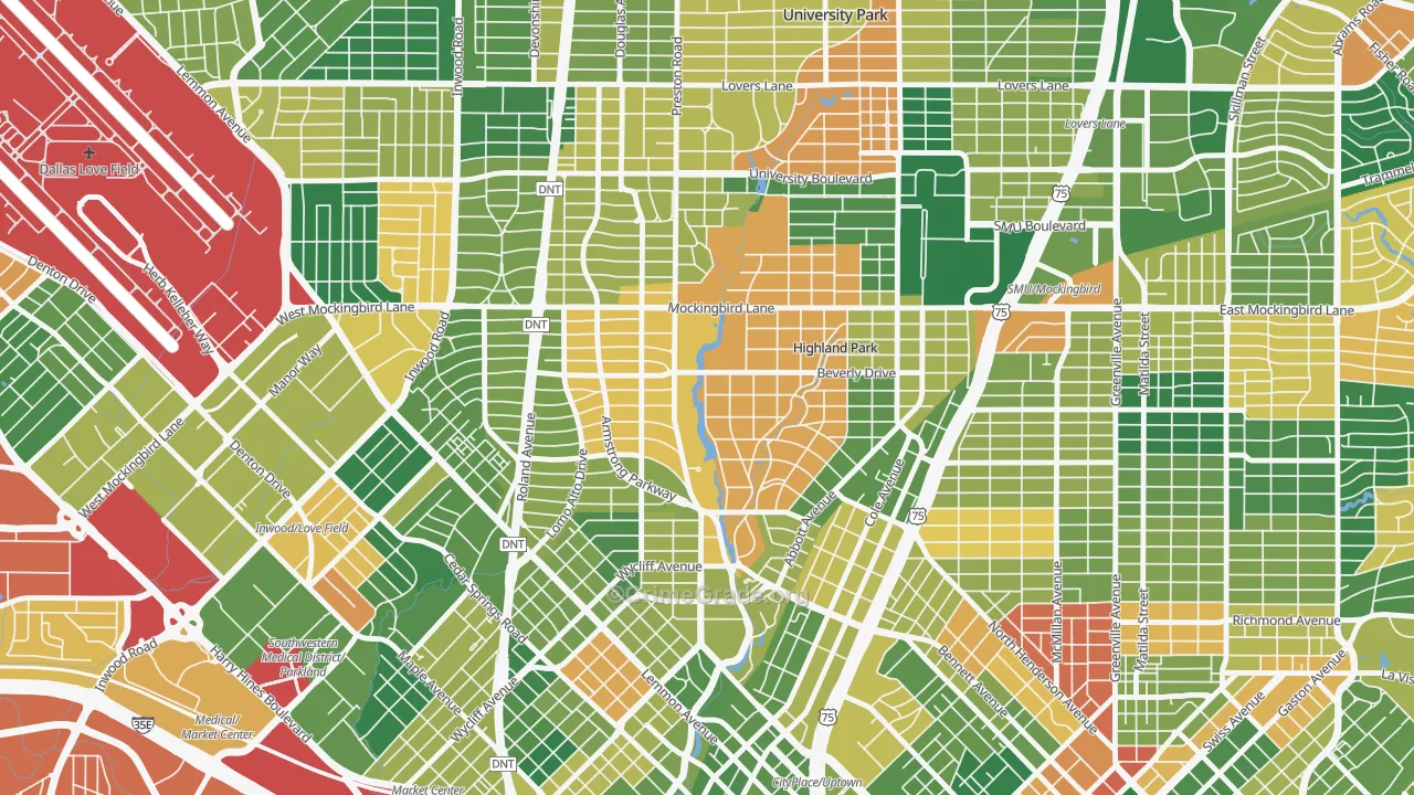 Highland Park, TX Map of Burglary Rates