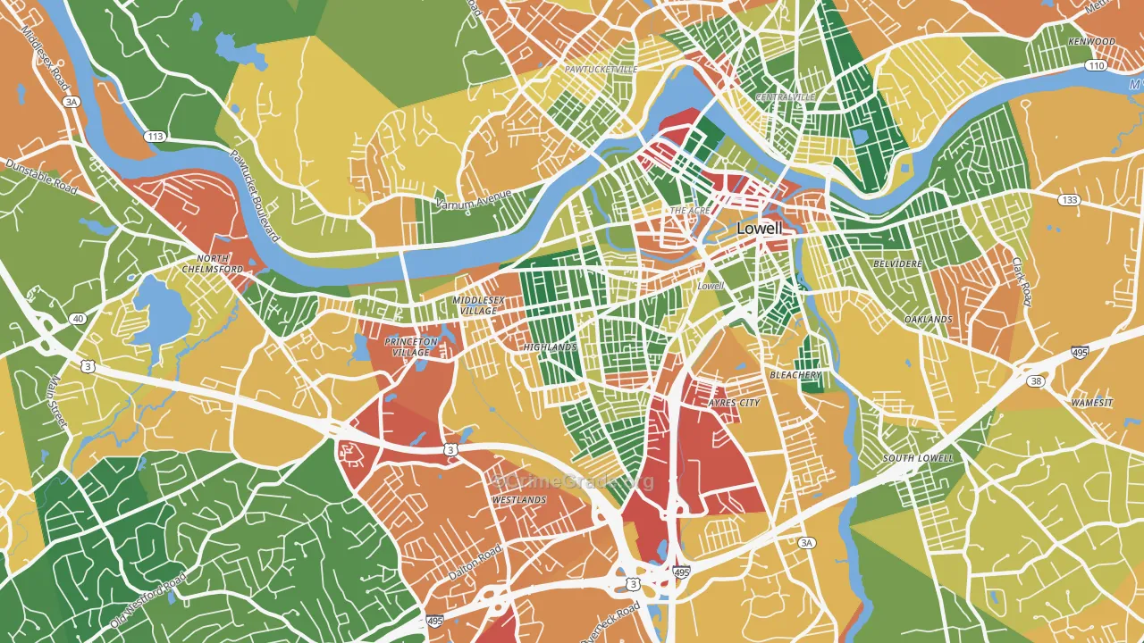 Highlands, Lowell, MA Map of Burglary Rates