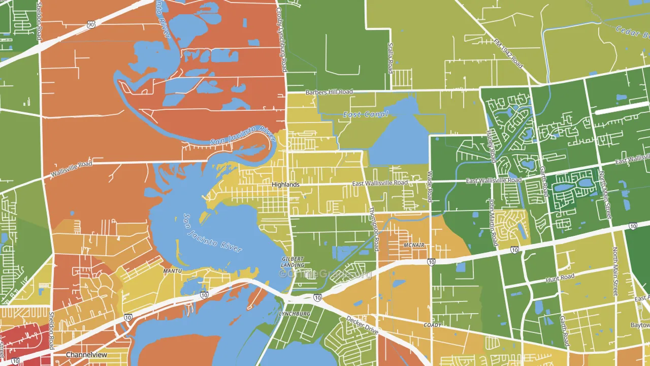 Highlands, TX Map of Burglary Rates