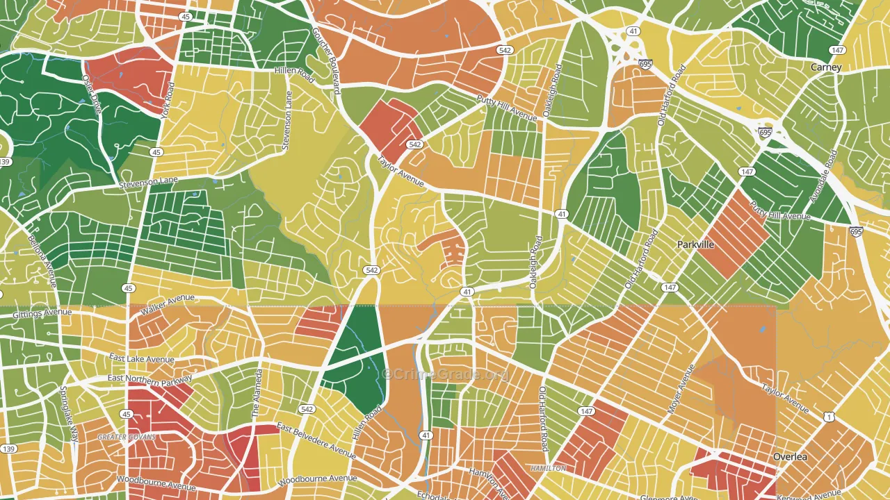 Hillendale, Parkville, MD Map of Burglary Rates