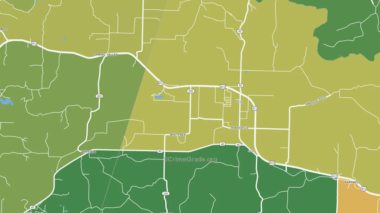 Hindsville, AR Map of Burglary Rates