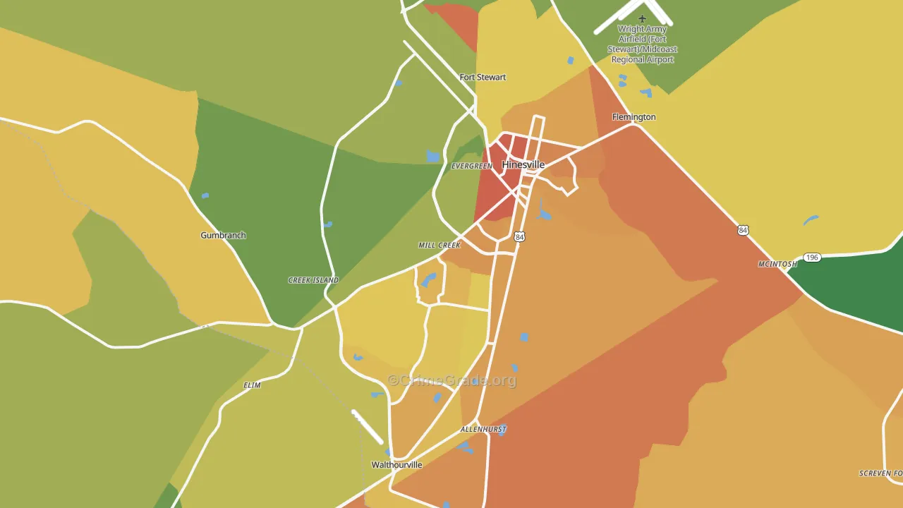 Hinesville, GA Map of Burglary Rates