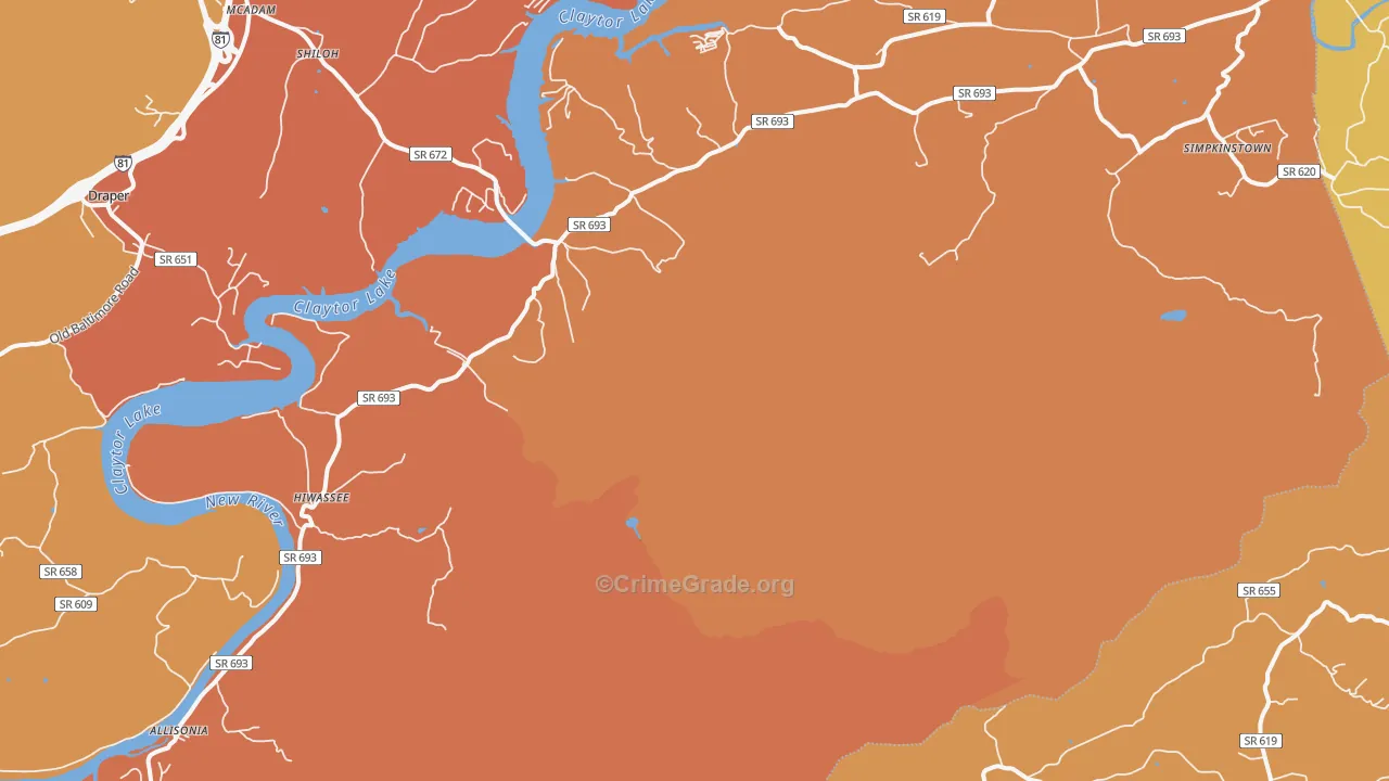 Hiwassee, VA Map of Burglary Rates