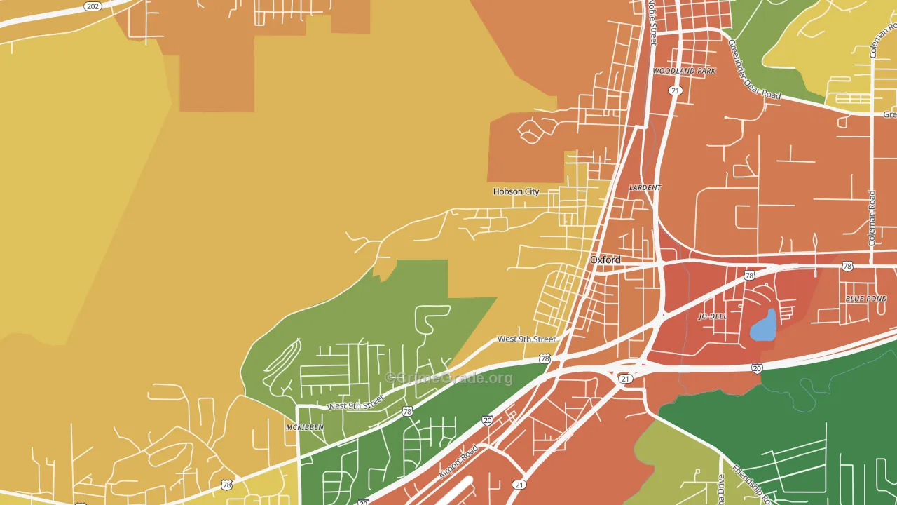 Hobson City, AL Map of Burglary Rates