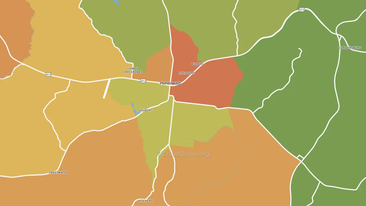 Hohenwald, TN Map of Burglary Rates