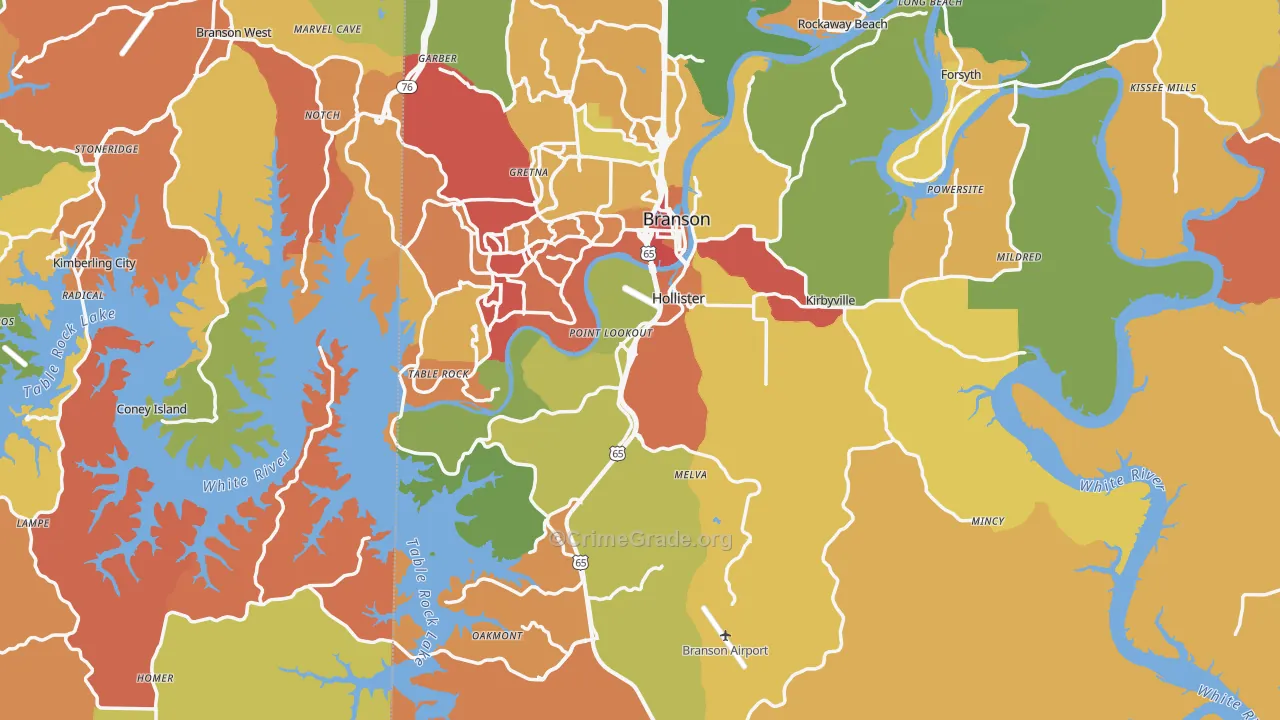 Hollister, MO Map of Burglary Rates