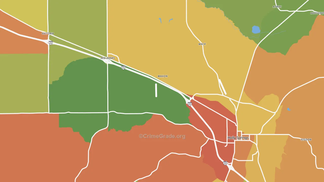 Holly Springs, MS Map of Burglary Rates