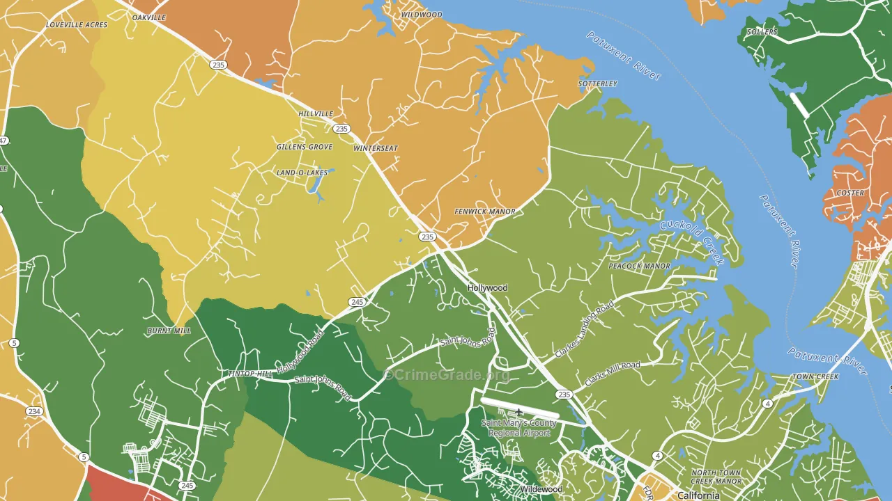 Hollywood, MD Map of Burglary Rates