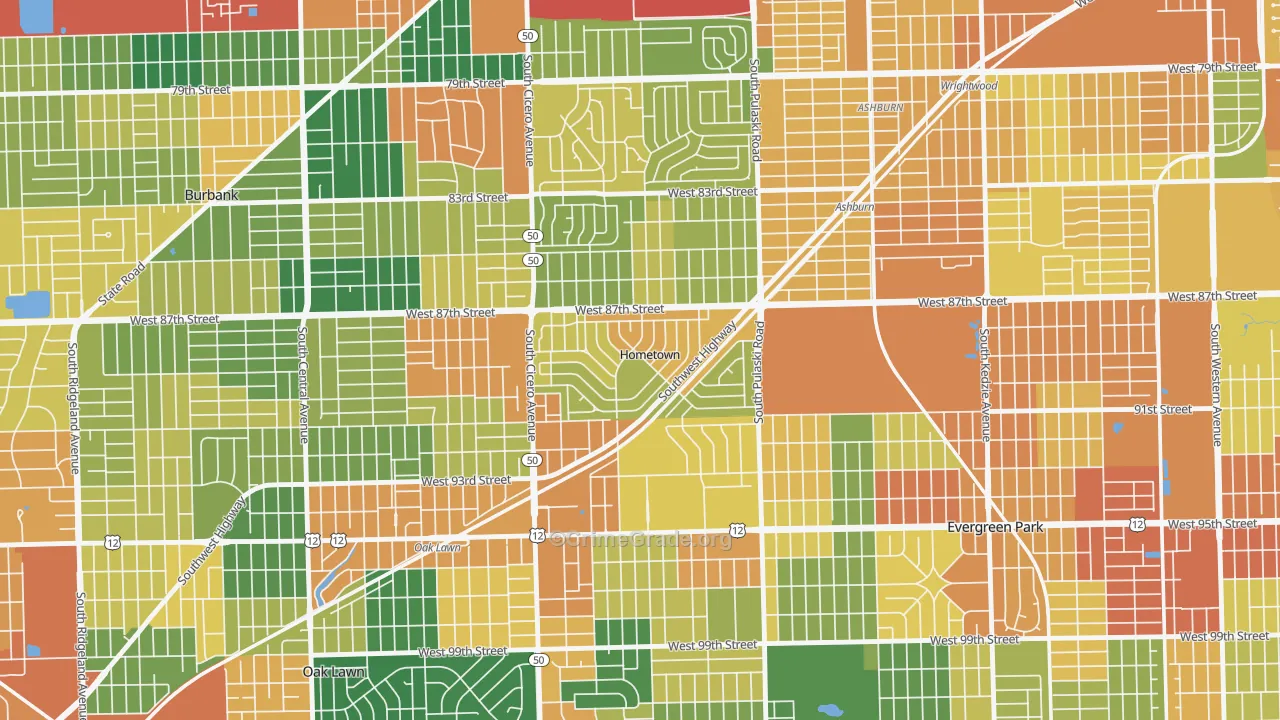 Hometown, IL Map of Burglary Rates