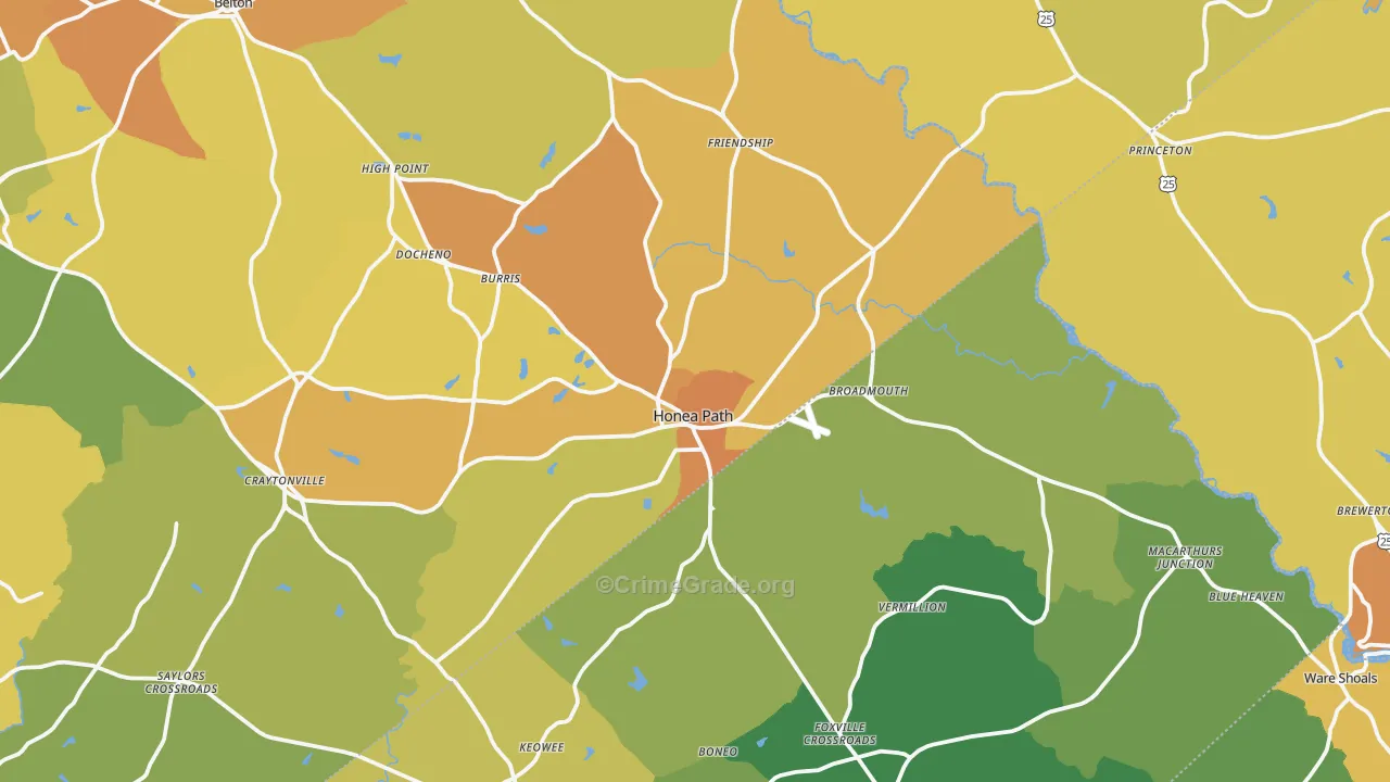 Honea Path, SC Map of Burglary Rates