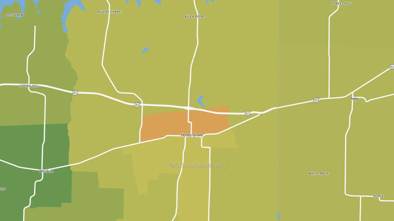 Honey Grove, TX Map of Burglary Rates