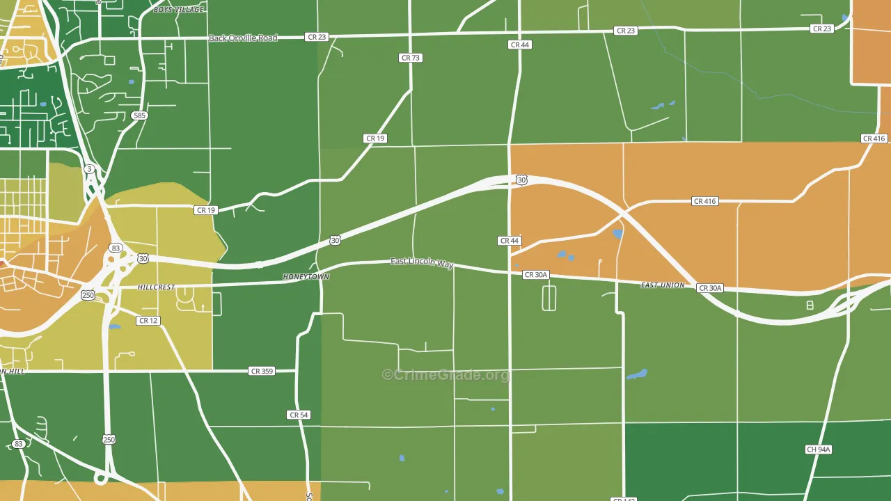 Honeytown, OH Map of Burglary Rates