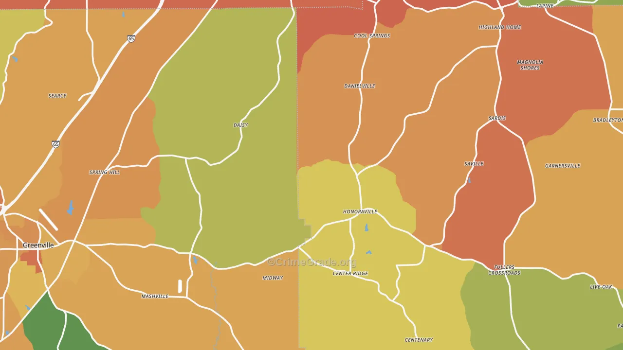 Honoraville, AL Map of Burglary Rates