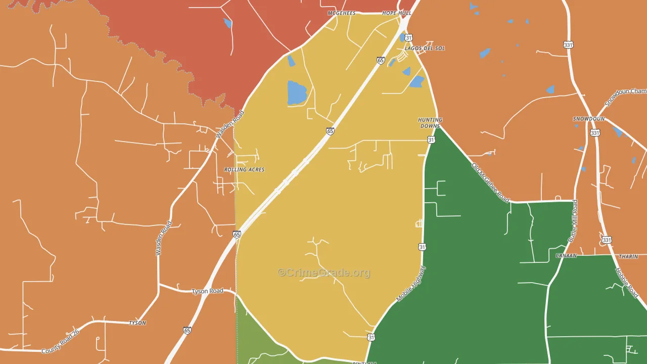 Hope Hull, AL Map of Burglary Rates