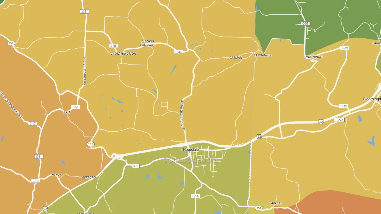 Hopedale, OH Map of Burglary Rates