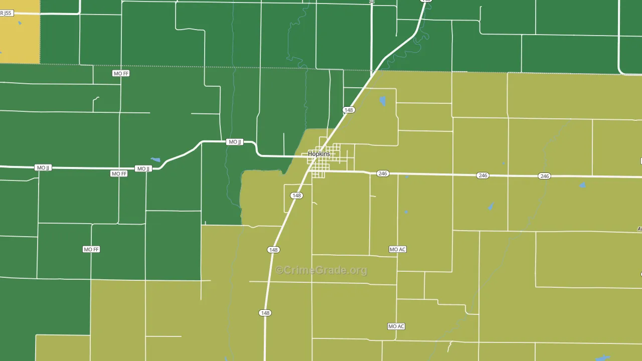 Hopkins, MO Map of Burglary Rates