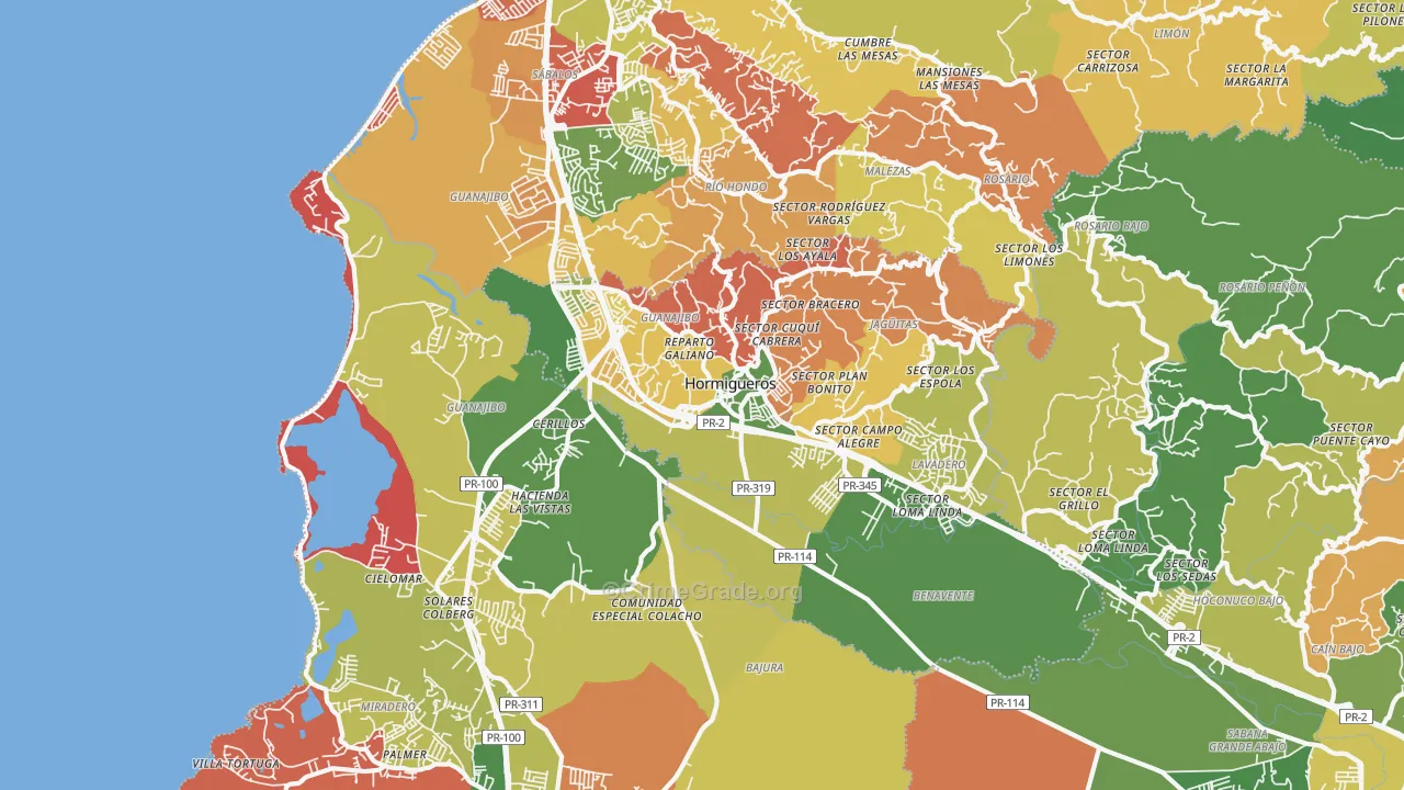 Hormigueros, PR Map of Burglary Rates