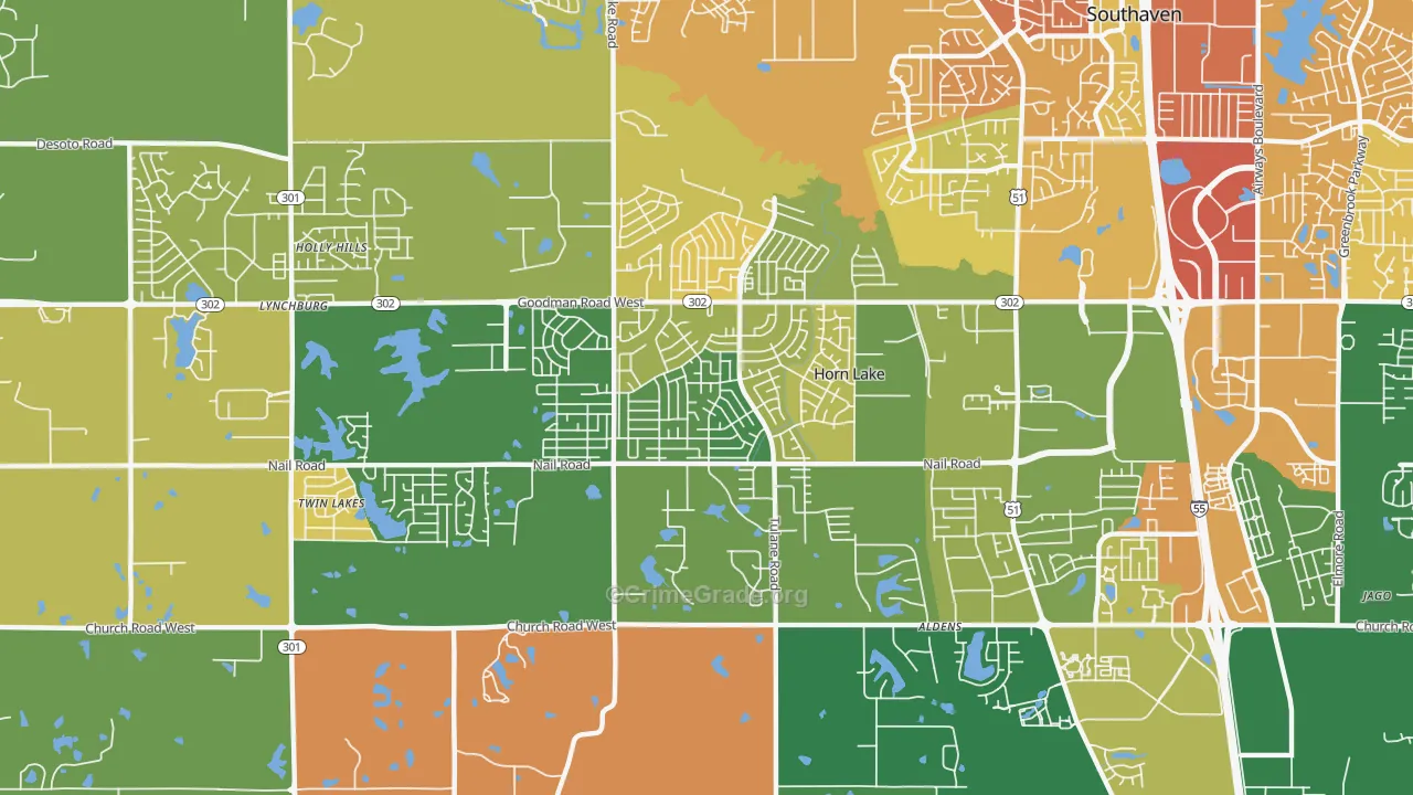 Horn Lake, MS Map of Burglary Rates