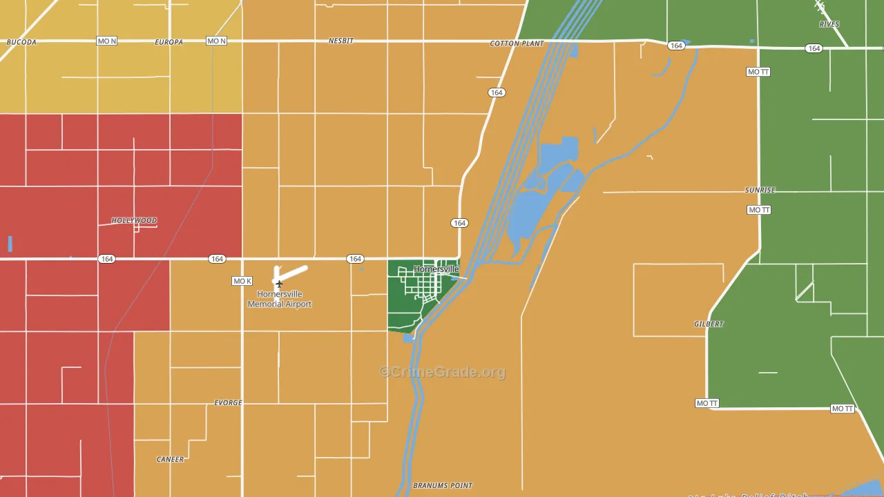 Hornersville, MO Map of Burglary Rates