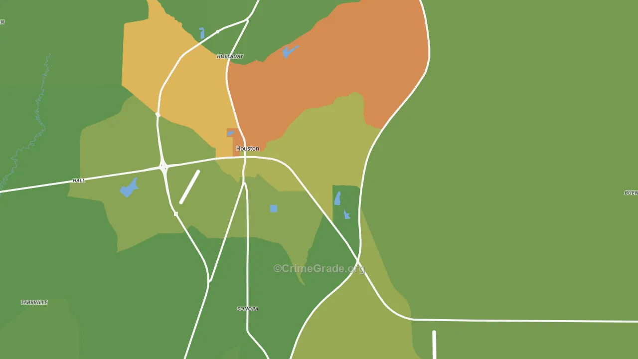 Houston, MS Map of Burglary Rates
