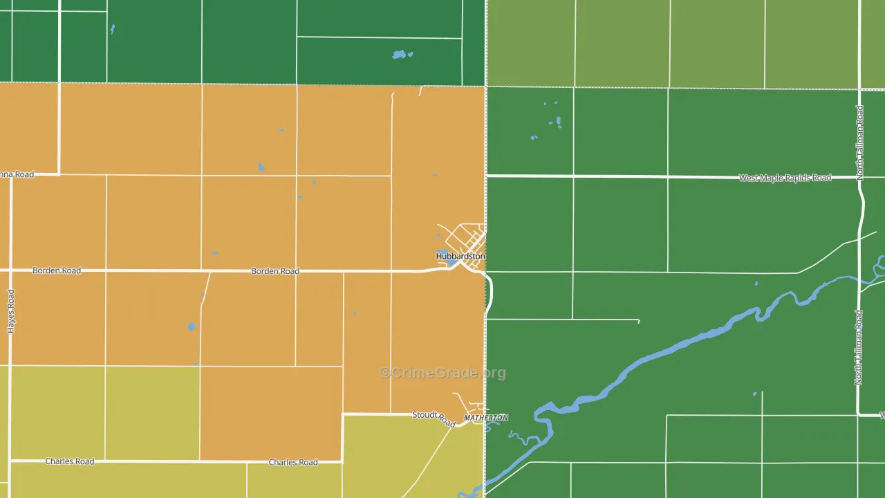 Hubbardston, MI Map of Burglary Rates