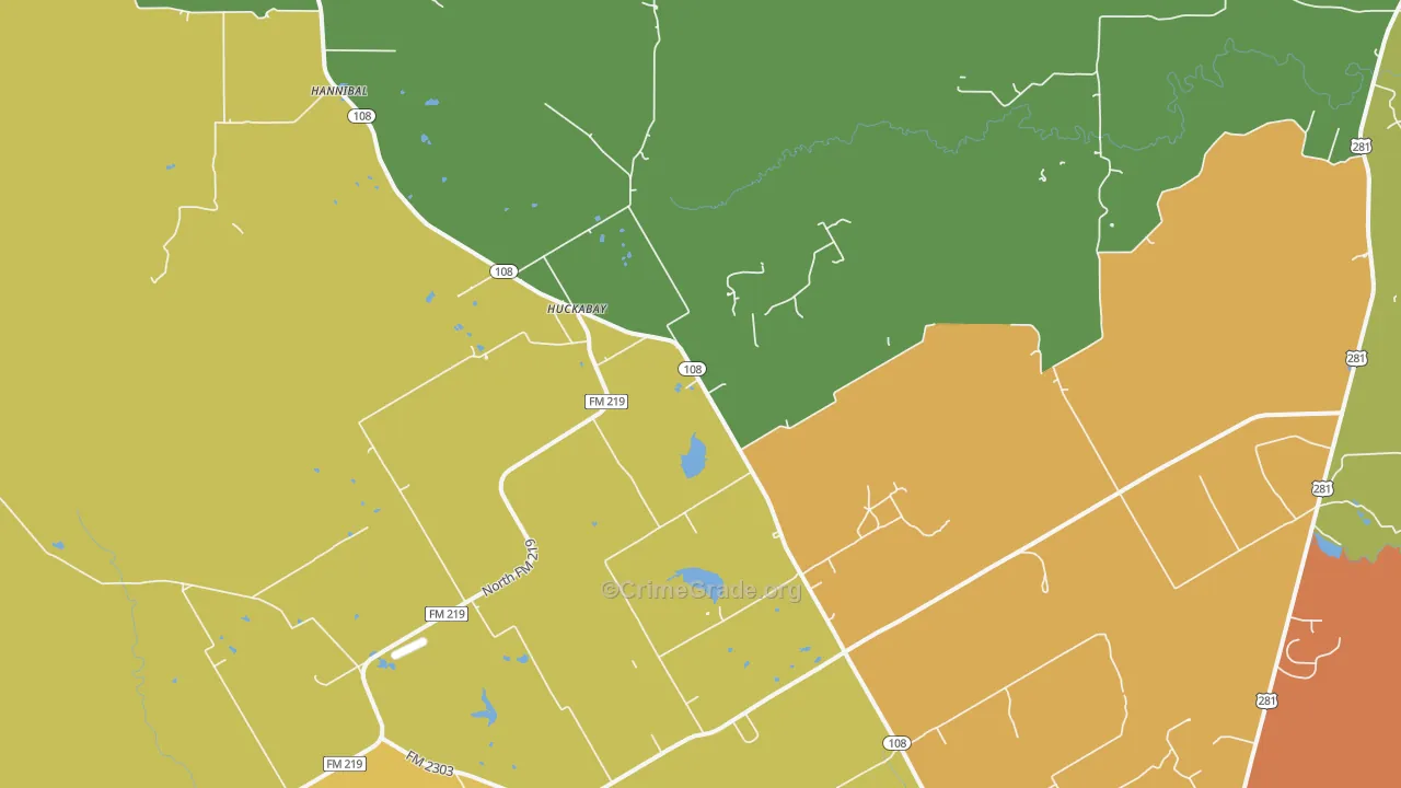 Huckabay, TX Map of Burglary Rates