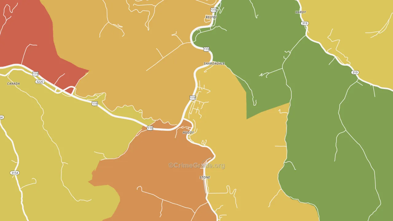 Huddy, KY Map of Burglary Rates