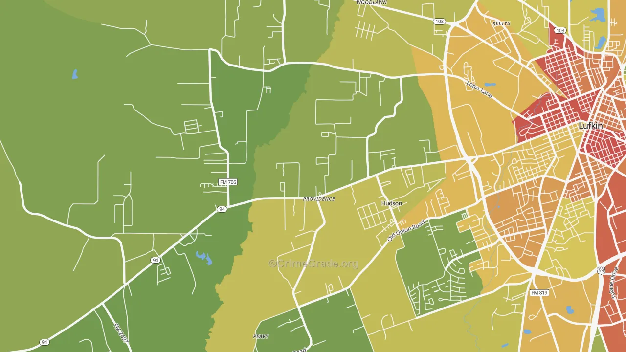 Hudson, TX Map of Burglary Rates