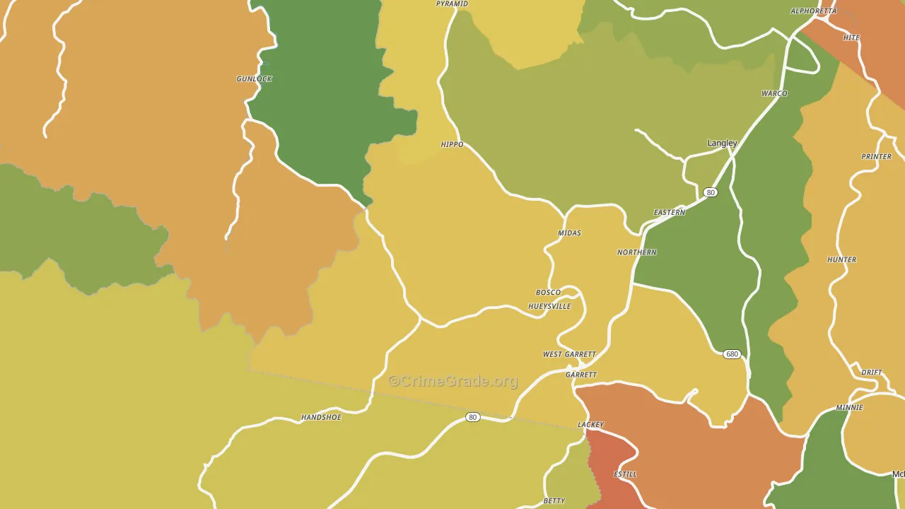 Hueysville, KY Map of Burglary Rates