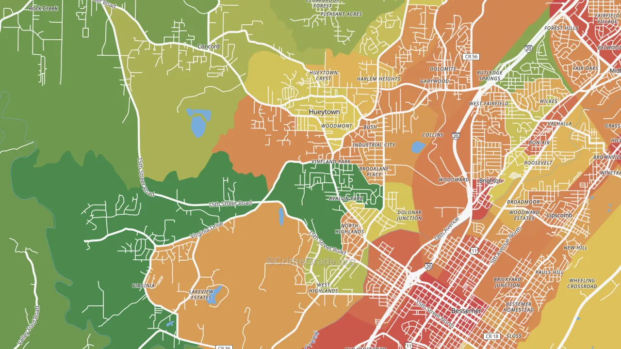 Hueytown, AL Map of Burglary Rates