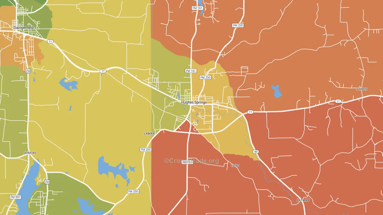 Hughes Springs, TX Map of Burglary Rates