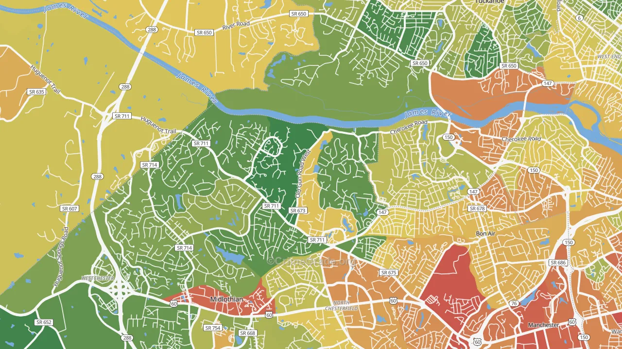 Huguenot, Richmond, VA Map of Burglary Rates