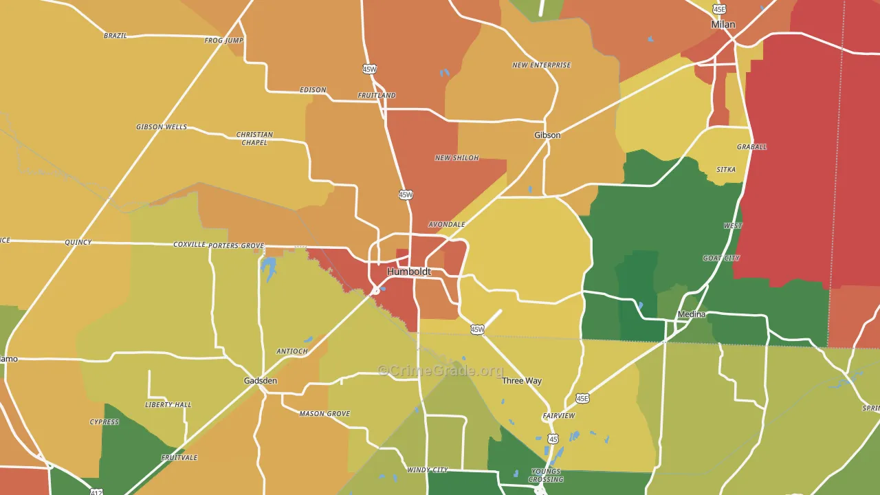 Humboldt, TN Map of Burglary Rates