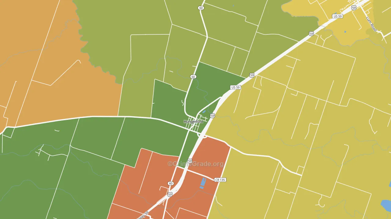 Hungerford, TX Map of Burglary Rates
