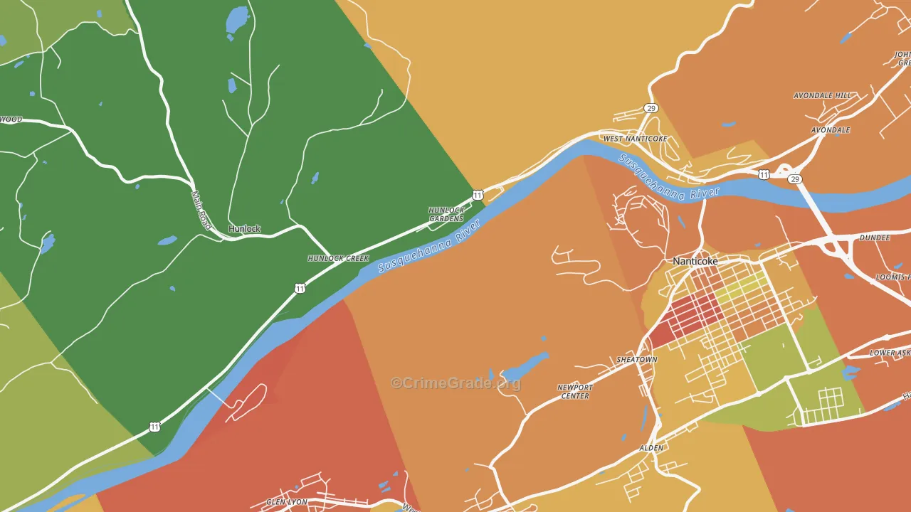 Hunlock Gardens, PA Map of Burglary Rates