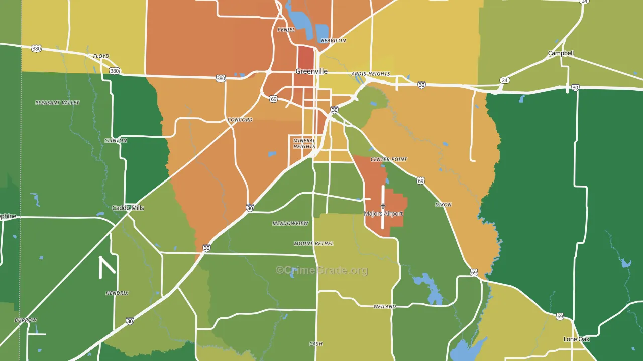 Hunt County, TX Map of Burglary Rates
