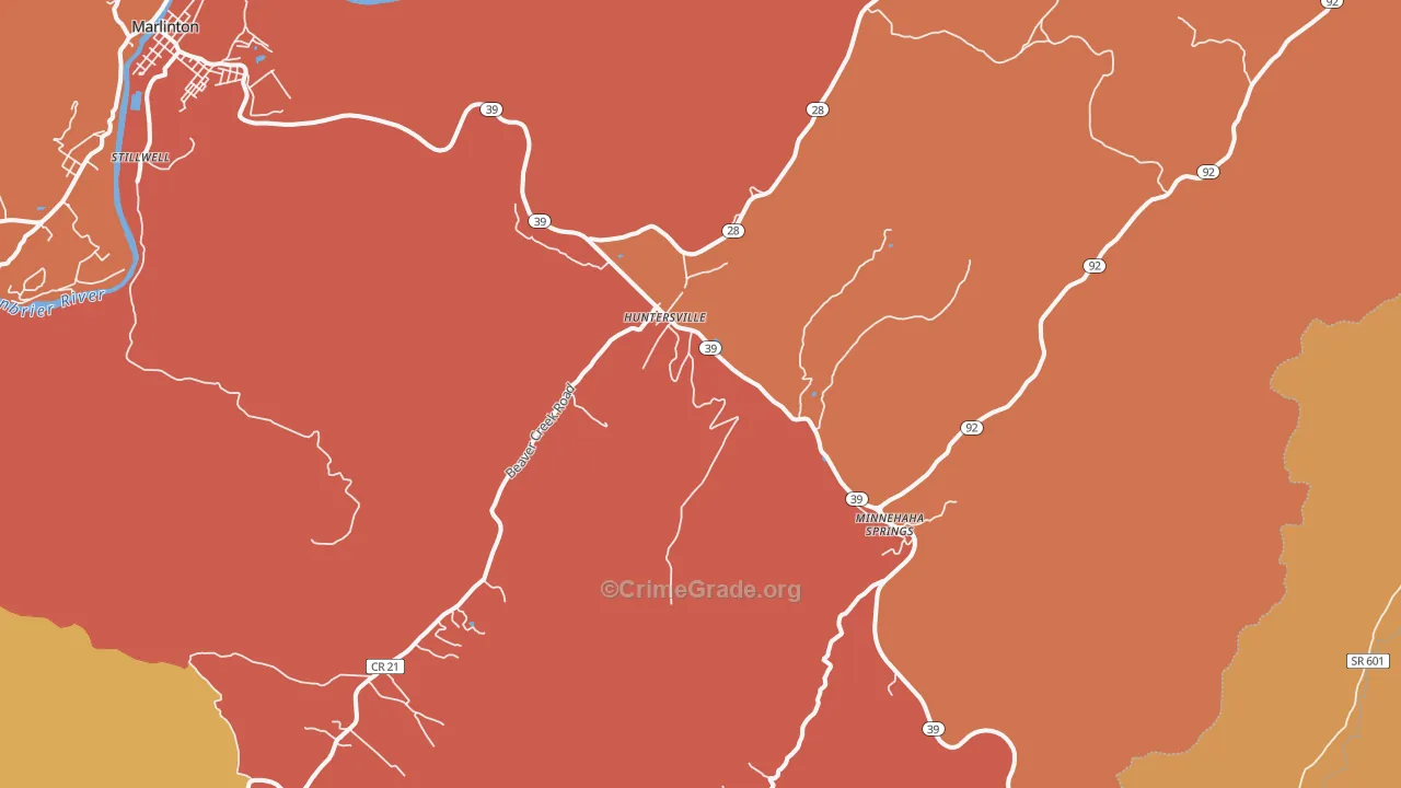 Huntersville, WV Map of Burglary Rates
