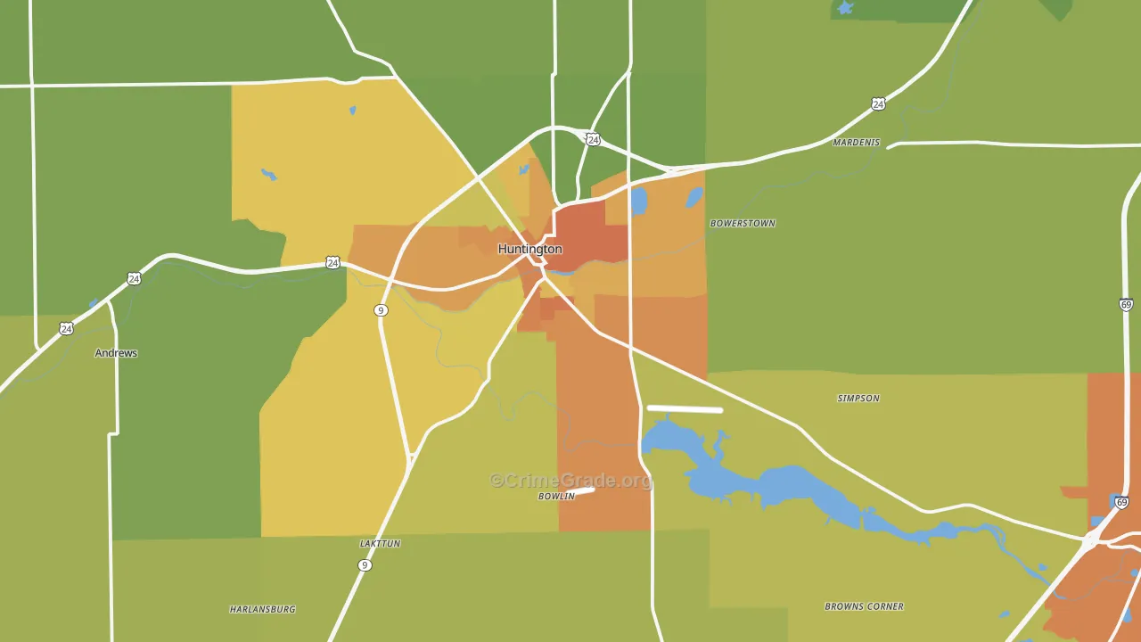 Huntington County, IN Map of Burglary Rates