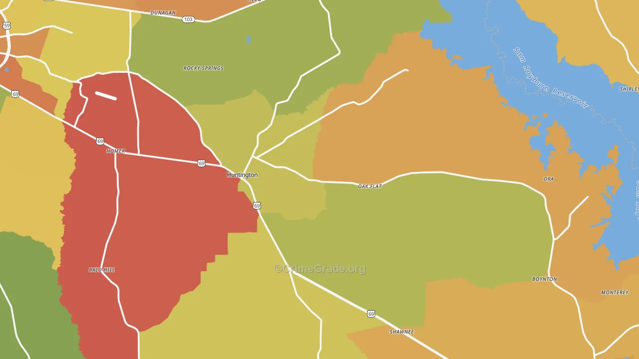 Huntington, TX Map of Burglary Rates