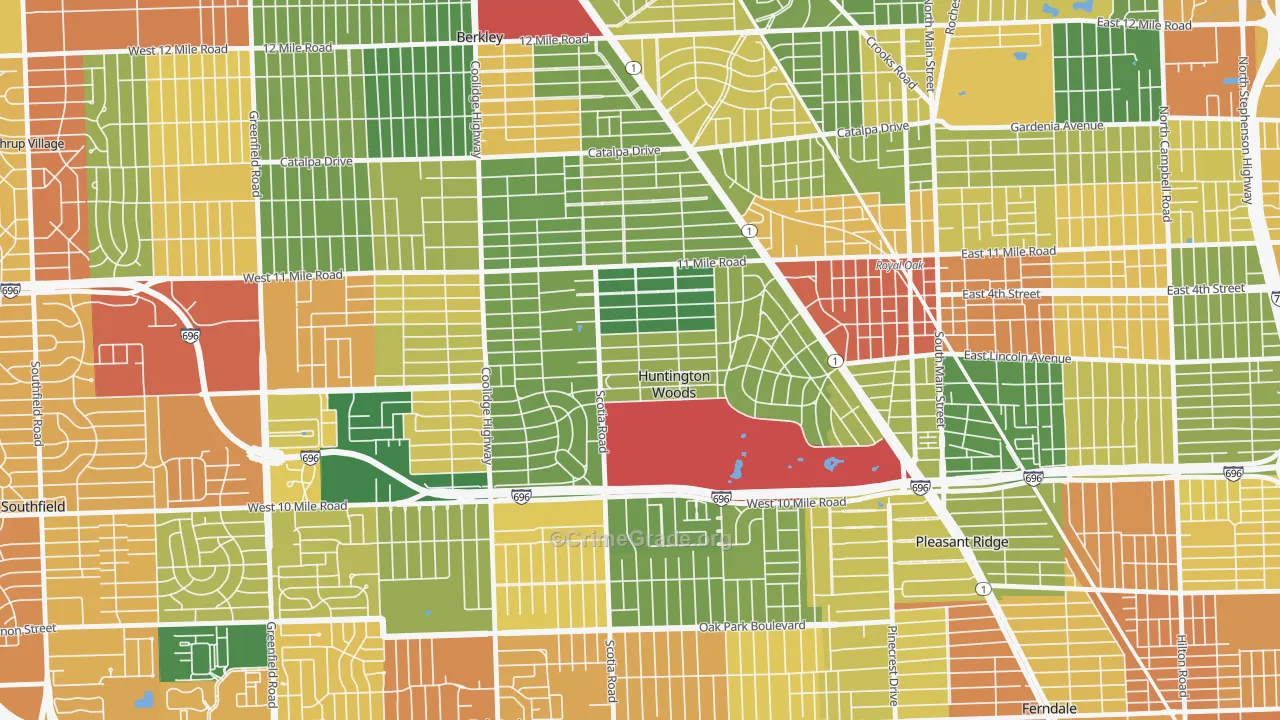Huntington Woods, MI Map of Burglary Rates