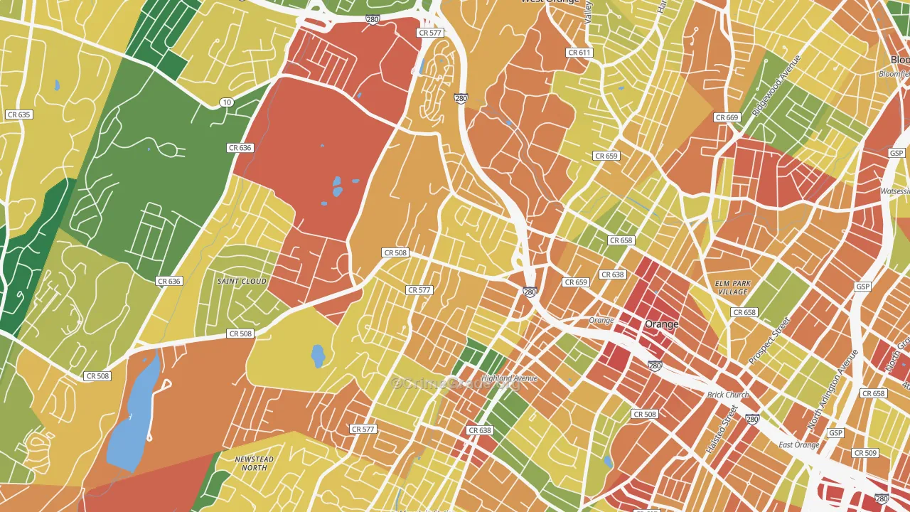 Hutton Park, West Orange, NJ Map of Burglary Rates