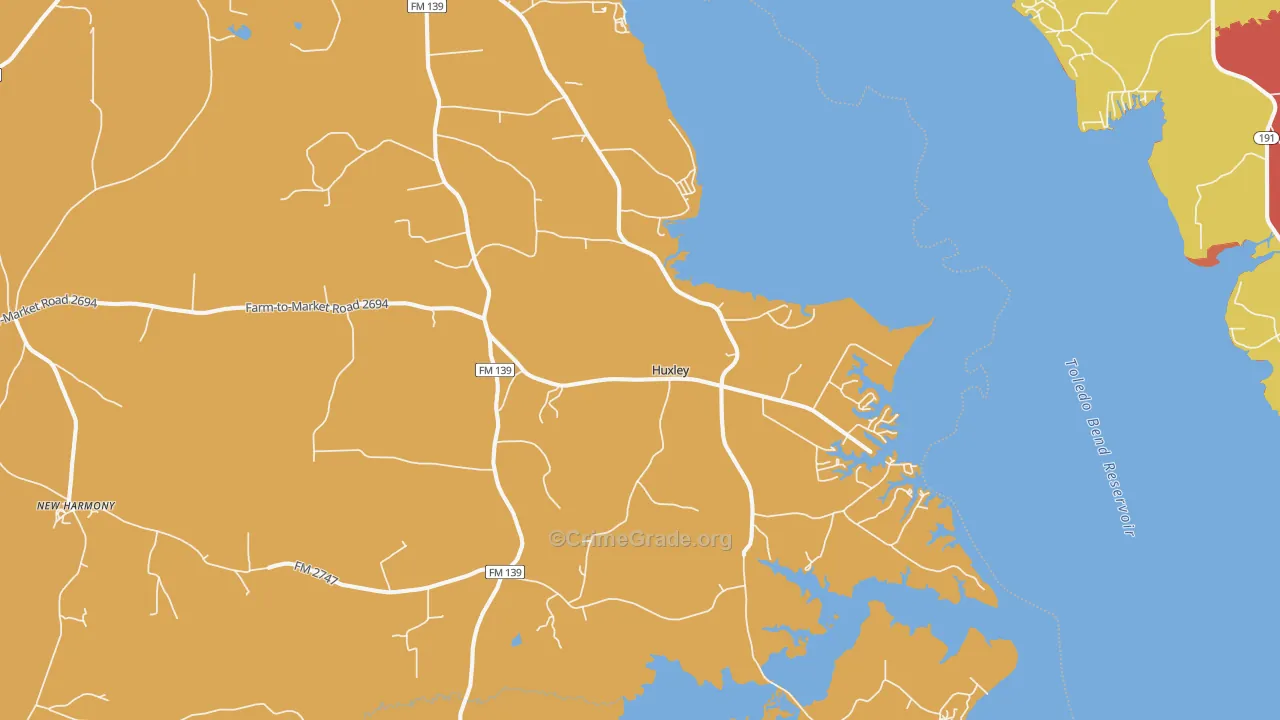 Huxley, TX Map of Burglary Rates