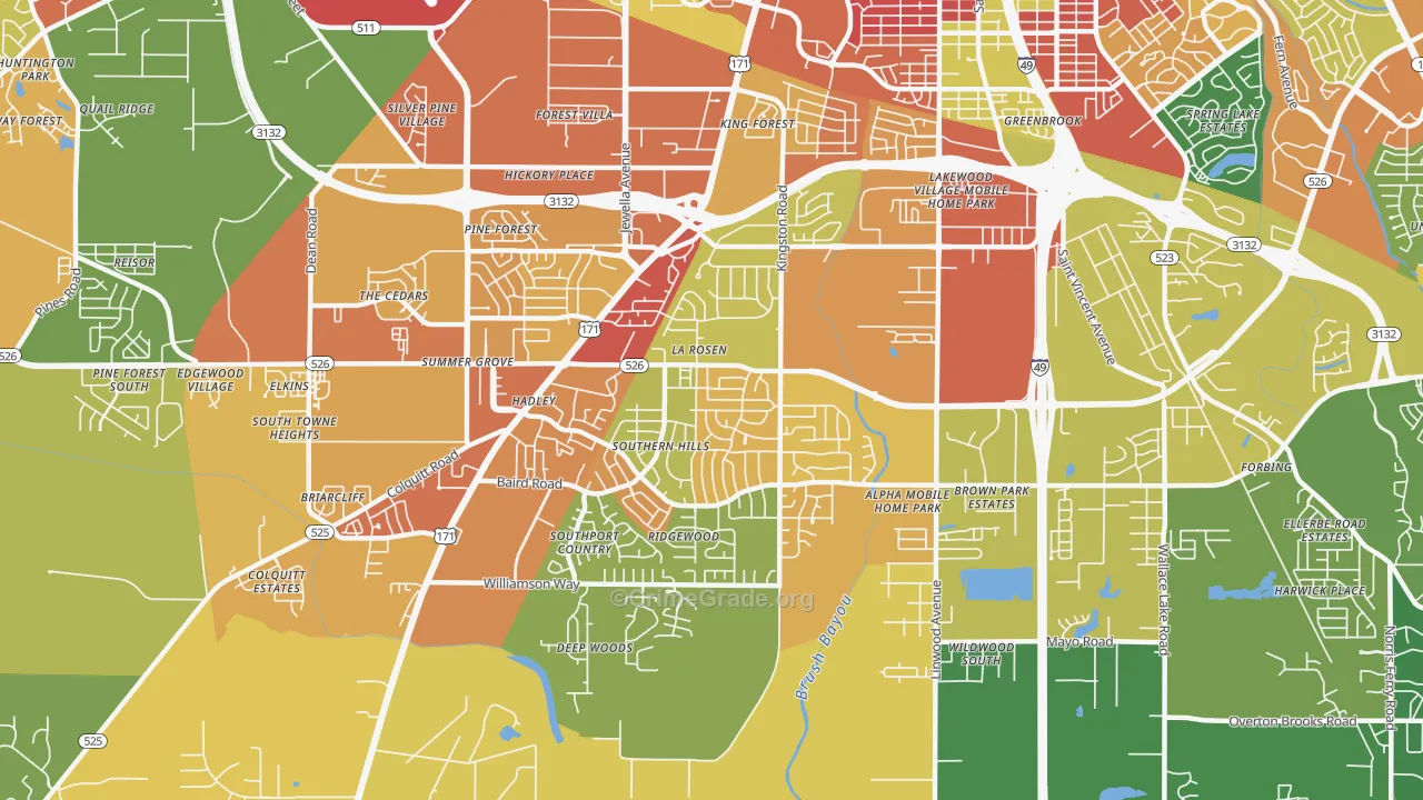 Hyde Park-Brookwood-Southern Hills, Shreveport, LA Map of Burglary Rates