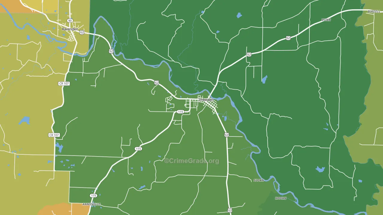 Imboden, AR Map of Burglary Rates