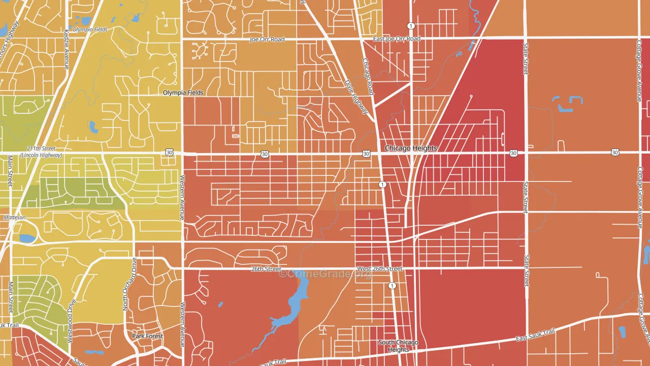 Indian Hill, Chicago Heights, IL Map of Burglary Rates