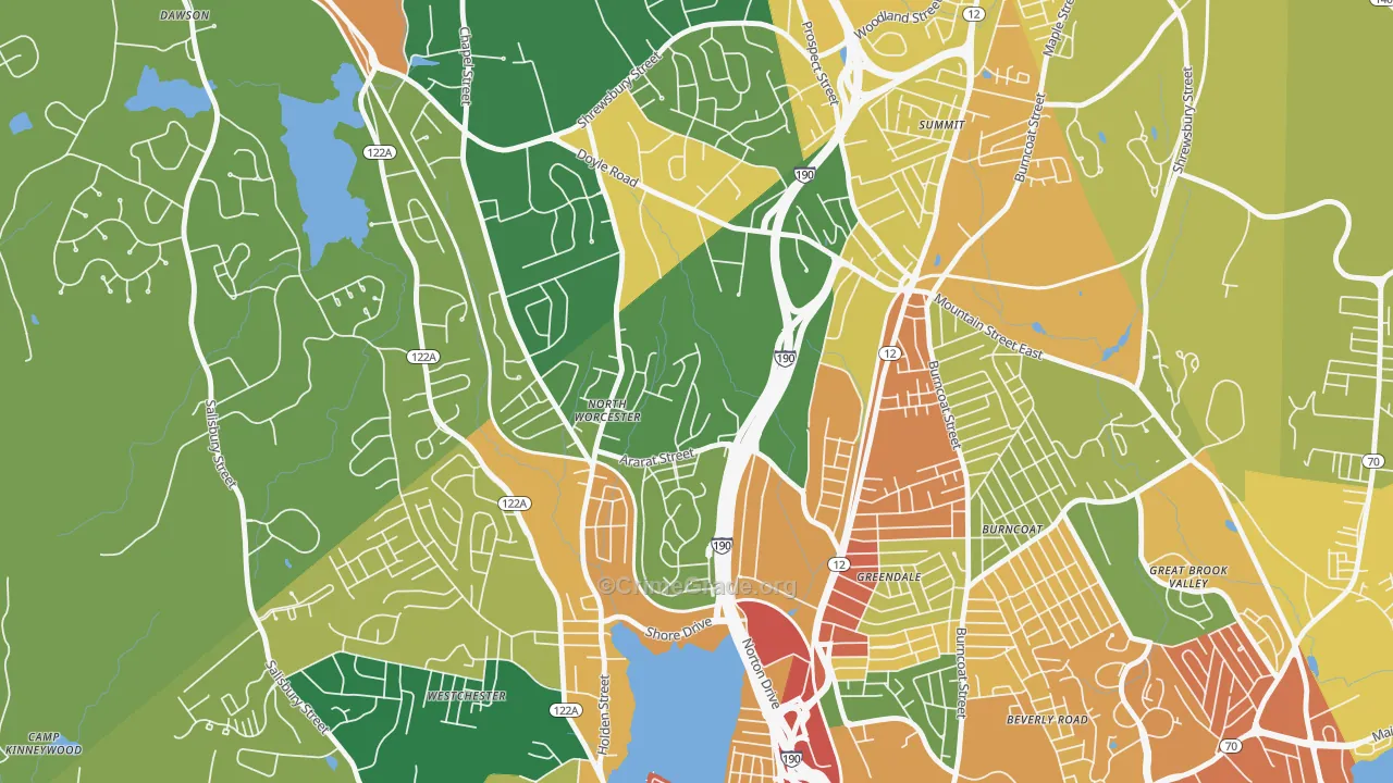 Indian Hill, Worcester, MA Map of Burglary Rates