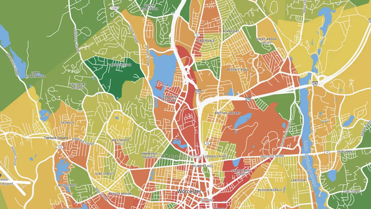 Indian Lake East, Worcester, MA Map of Burglary Rates